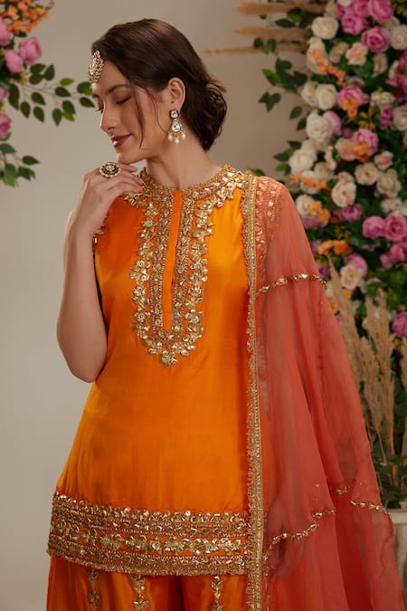 Preeti S Kapoor Orange Silk, Organza Gota Patti Round Neck Embroidered Kurta Sharara Set Online at Aza Fashions Preeti S Kapoor_Orange Silk, Organza Gota Patti Round Neck Embroidered Kurta Sharara Set_Online_at_Aza_Fashions