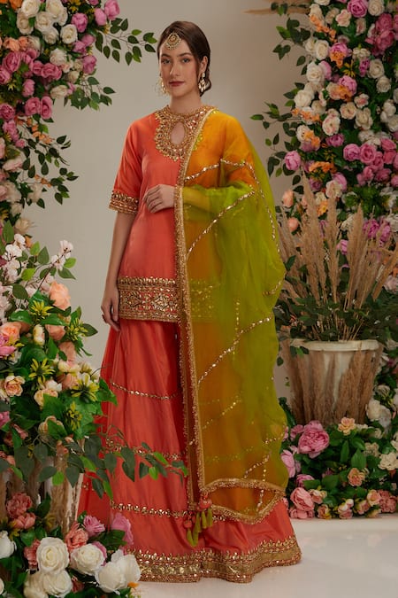 Preeti S Kapoor Orange Dupatta Organza Embroidered Gota Round Floral Silk Kurta Sharara Set 