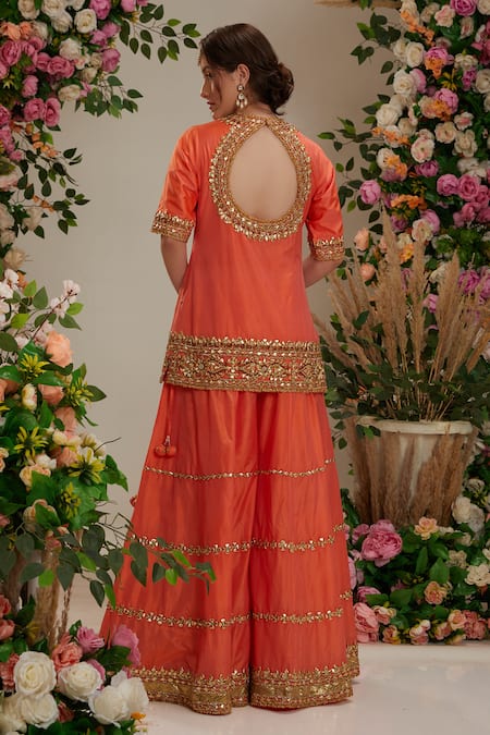 Preeti S Kapoor_Orange Silk, Organza Fringe, Sequins, Gota Patti, Floral Kurta Sharara Set _Online_at_Aza_Fashions