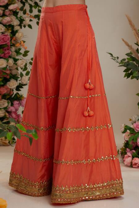 Buy_Preeti S Kapoor_Orange Silk, Organza Fringe, Sequins, Gota Patti, Floral Kurta Sharara Set _Online_at_Aza_Fashions