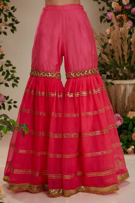 Buy_Preeti S Kapoor_Pink Silk, Organza Gota Patti Square Neck Floral Embroidered Kurta Gharara Set _Online_at_Aza_Fashions