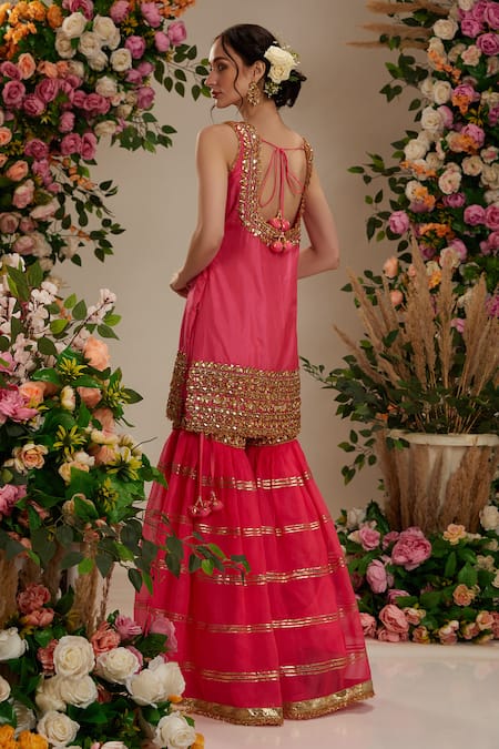 Preeti S Kapoor_Pink Silk, Organza Gota Patti Square Neck Floral Embroidered Kurta Gharara Set _Online_at_Aza_Fashions
