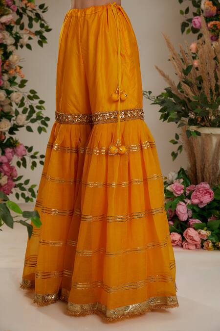 Buy_Preeti S Kapoor_Yellow Silk, Organza Gota Patti Round Neck Embroidered Kurta Gharara Set _Online_at_Aza_Fashions
