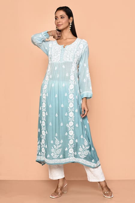 Adara Khan - Blue Muslin Embroidery Bloom Round Shaded Chikankari Kurta For  Women