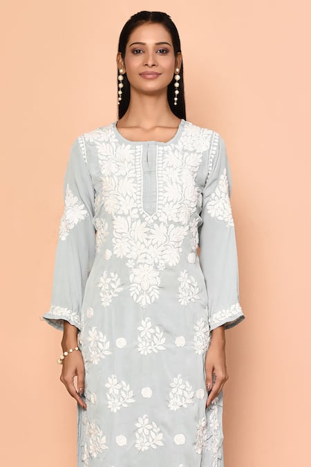 Buy_Samyukta Singhania_Green Crepe, Satin Embroidery Round Daffodil Chikankari Kurta With Flared Pant _Online_at_Aza_Fashions