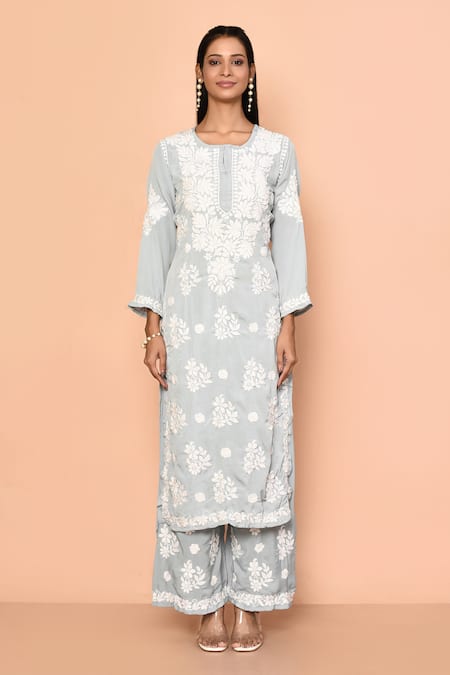 Shop_Samyukta Singhania_Green Crepe, Satin Embroidery Round Daffodil Chikankari Kurta With Flared Pant _Online_at_Aza_Fashions