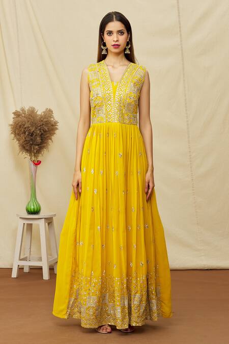 Khwaab By Sanjana Lakhani Yellow Georgette Embroidered Aari Blunt V And Sequin Work Anarkali Set Online at Aza Fashions Khwaab By Sanjana Lakhani_Yellow Georgette Embroidered Aari Blunt V And Sequin Work Anarkali Set _Online_at_Aza_Fashions