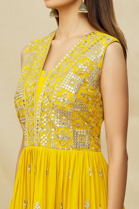Buy Khwaab By Sanjana Lakhani Yellow Georgette Embroidered Aari Blunt V And Sequin Work Anarkali Set Online at Aza Fashions Buy_Khwaab By Sanjana Lakhani_Yellow Georgette Embroidered Aari Blunt V And Sequin Work Anarkali Set _Online_at_Aza_Fashions