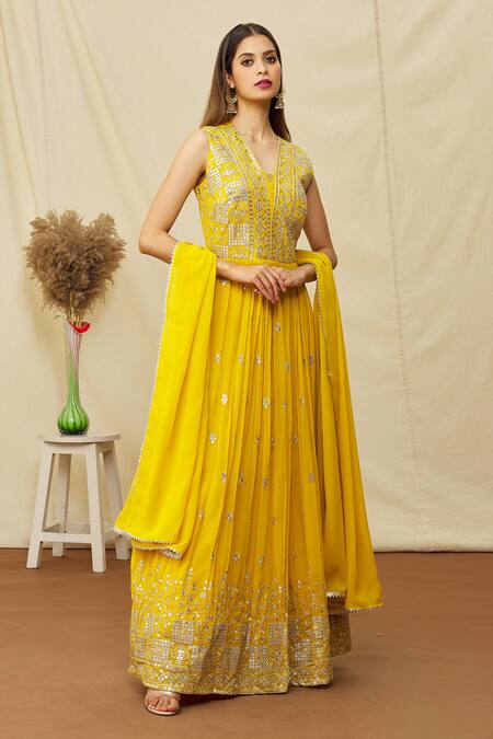Shop Khwaab By Sanjana Lakhani Yellow Georgette Embroidered Aari Blunt V And Sequin Work Anarkali Set Online at Aza Fashions Shop_Khwaab By Sanjana Lakhani_Yellow Georgette Embroidered Aari Blunt V And Sequin Work Anarkali Set _Online_at_Aza_Fashions