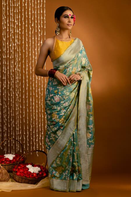 Priyal Bhardwaj_Yellow Silk Embroidery, Sequins Halter Neck Blouse _Online_at_Aza_Fashions