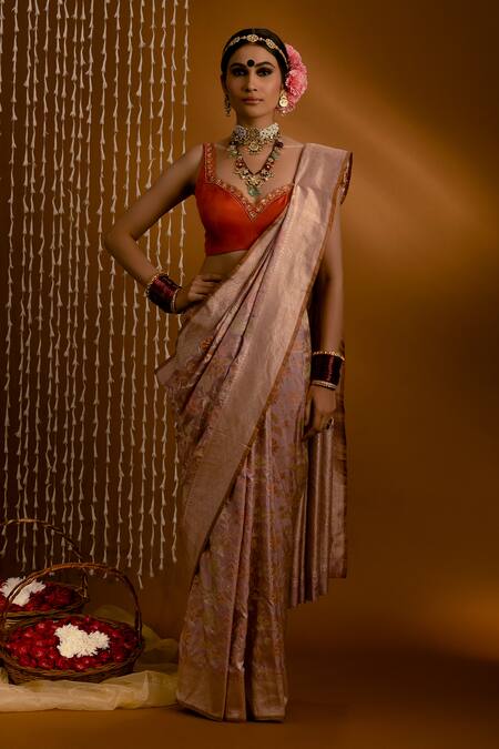 Buy_Priyal Bhardwaj_Orange Silk Beads, Sequins, Zari Sweetheart Neck Embroidered Blouse _Online_at_Aza_Fashions