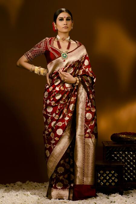 Priyal Bhardwaj_Red Silk Sequins, Beads Asymmetric Embroidered Blouse _Online_at_Aza_Fashions