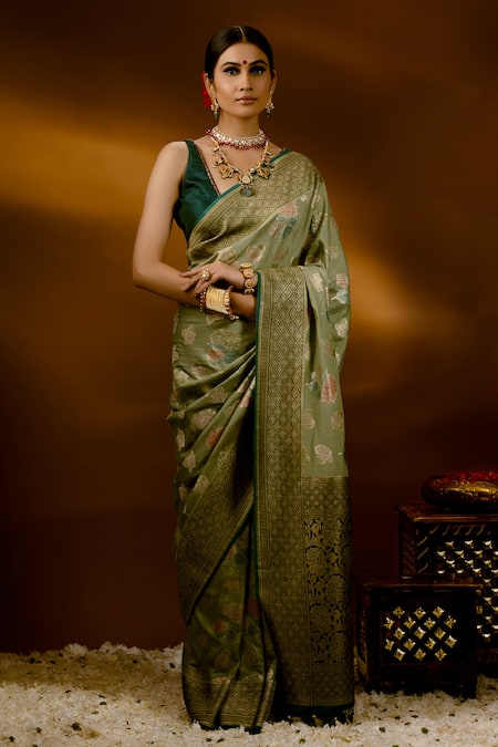 Priyal Bhardwaj_Green Silk Beads, Sequins V-neck Embroidered Bordered Blouse _Online_at_Aza_Fashions