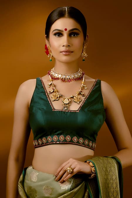 Buy_Priyal Bhardwaj_Green Silk Beads, Sequins V-neck Embroidered Bordered Blouse _Online_at_Aza_Fashions