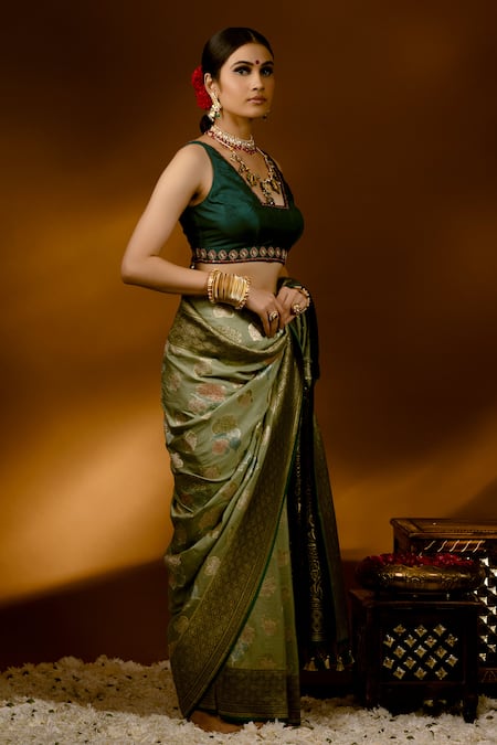 Shop_Priyal Bhardwaj_Green Silk Beads, Sequins V-neck Embroidered Bordered Blouse _Online_at_Aza_Fashions