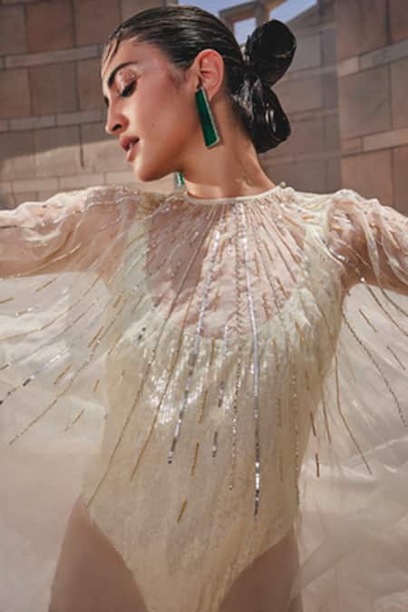 Garima Karwariya Designs_Green Scoop Neck The Ella Embroidered Monokini And Kaftan Set _Online_at_Aza_Fashions