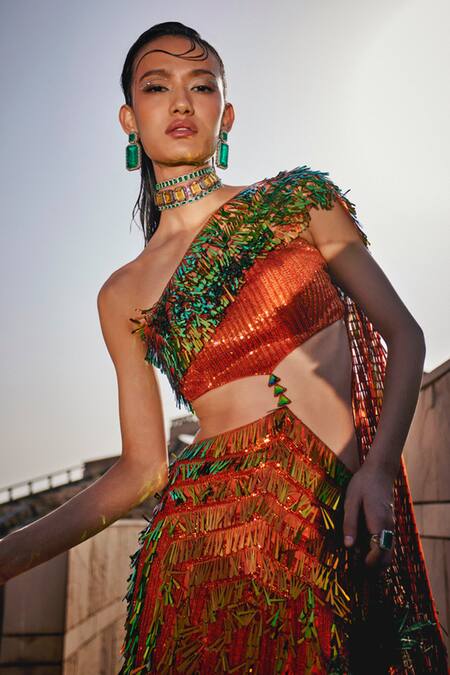 Garima Karwariya Designs_Orange Net, Satin Sequins One Shoulder The Raffish Reflecting Embroidered Gown _Online_at_Aza_Fashions
