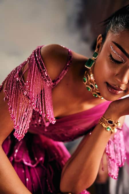 Buy_Garima Karwariya Designs_Pink Net, Satin Beads Sweetheart Neck The Sea Shell Blouse And Layered Lehenga Set _Online_at_Aza_Fashions