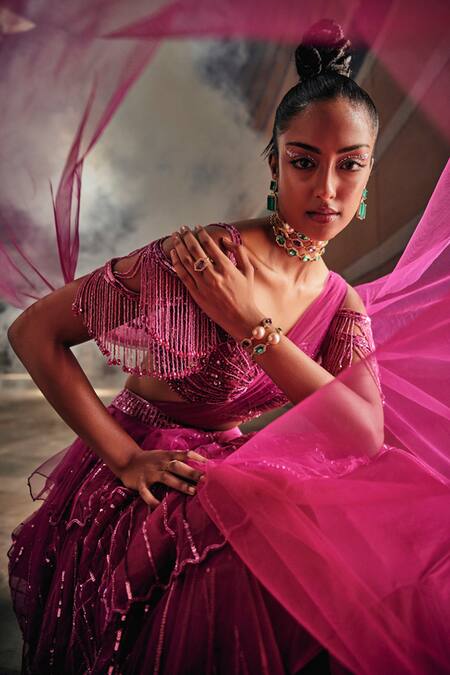Garima Karwariya Designs_Pink Net, Satin Beads Sweetheart Neck The Sea Shell Blouse And Layered Lehenga Set _at_Aza_Fashions
