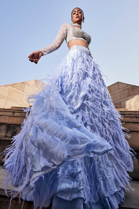 Garima Karwariya Designs_Sky Blue Net, Satin Feathers, The Elena Embellished Blouse And Lehenga Set _Online_at_Aza_Fashions
