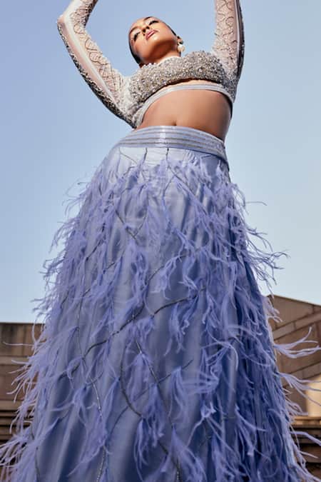 Buy_Garima Karwariya Designs_Sky Blue Net, Satin Feathers, The Elena Embellished Blouse And Lehenga Set _Online_at_Aza_Fashions