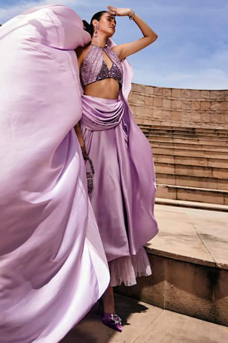 Buy_Garima Karwariya Designs_Purple Net, Satin Embroidery Halter Neck The Delia Blouse And Draped Skirt Set _Online_at_Aza_Fashions