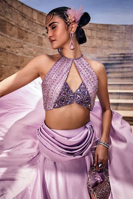 Shop_Garima Karwariya Designs_Purple Net, Satin Embroidery Halter Neck The Delia Blouse And Draped Skirt Set _Online_at_Aza_Fashions