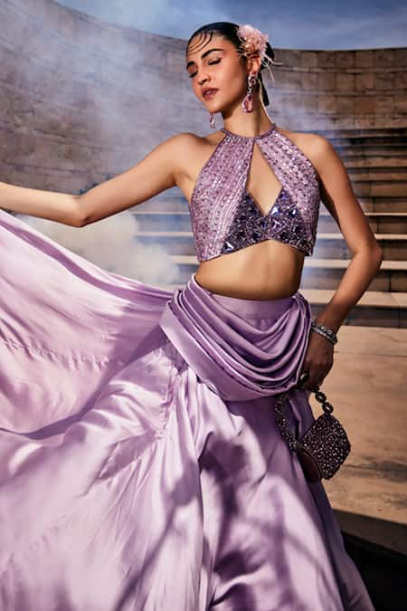 Garima Karwariya Designs_Purple Net, Satin Embroidery Halter Neck The Delia Blouse And Draped Skirt Set _at_Aza_Fashions