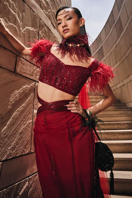 Garima Karwariya Designs_Red Net, Satin Embroidery, Rhinestones, The Vasiliki Fish Cut Lehenga Set _Online_at_Aza_Fashions