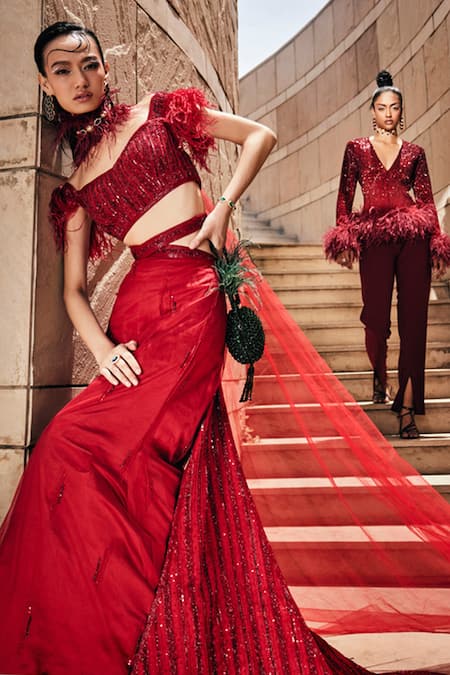 Buy_Garima Karwariya Designs_Red Net, Satin Embroidery, Rhinestones, The Vasiliki Fish Cut Lehenga Set _Online_at_Aza_Fashions