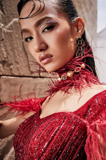 Shop_Garima Karwariya Designs_Red Net, Satin Embroidery, Rhinestones, The Vasiliki Fish Cut Lehenga Set _Online_at_Aza_Fashions