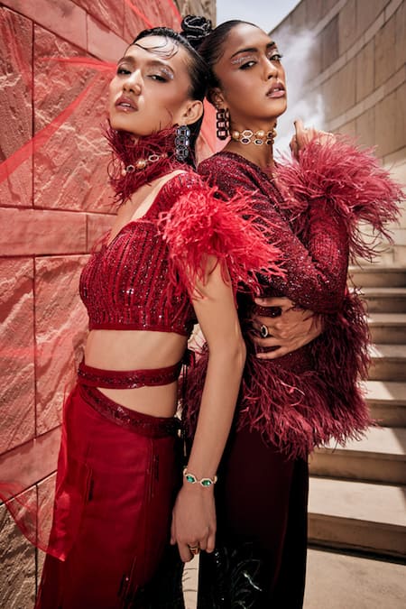 Garima Karwariya Designs_Red Net, Satin Embroidery, Rhinestones, The Vasiliki Fish Cut Lehenga Set _at_Aza_Fashions