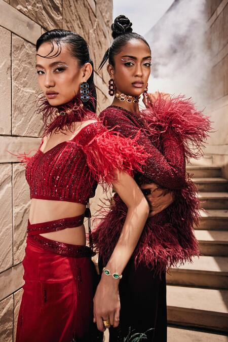 Buy_Garima Karwariya Designs_Red Net, Satin Embroidery, Rhinestones, The Vasiliki Fish Cut Lehenga Set 