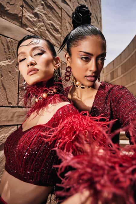 Shop_Garima Karwariya Designs_Red Net, Satin Embroidery, Rhinestones, The Vasiliki Fish Cut Lehenga Set 