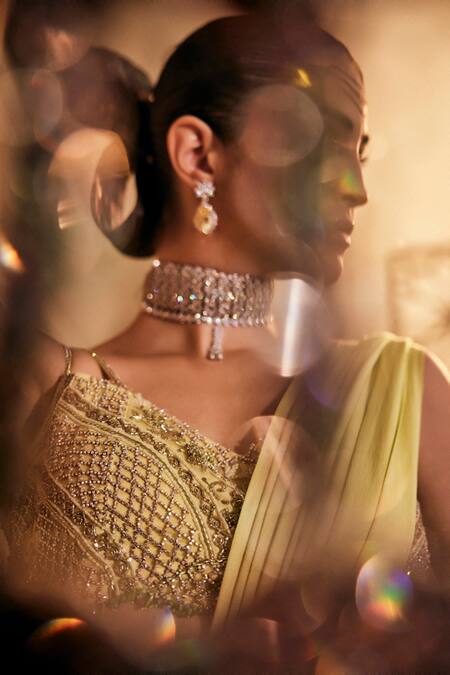 Shop_Garima Karwariya Designs_Green Net, Satin, Georgette The Iris Pre-draped Saree With Embroidered Blouse _Online_at_Aza_Fashions