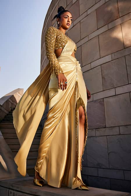 Buy Garima Karwariya Designs Gold Net, Satin Sequins, Metallic The Grandeur Pre-draped Saree With Blouse Online at Aza Fashions Buy_Garima Karwariya Designs_Gold Net, Satin Sequins, Metallic The Grandeur Pre-draped Saree With Blouse _Online_at_Aza_Fashions