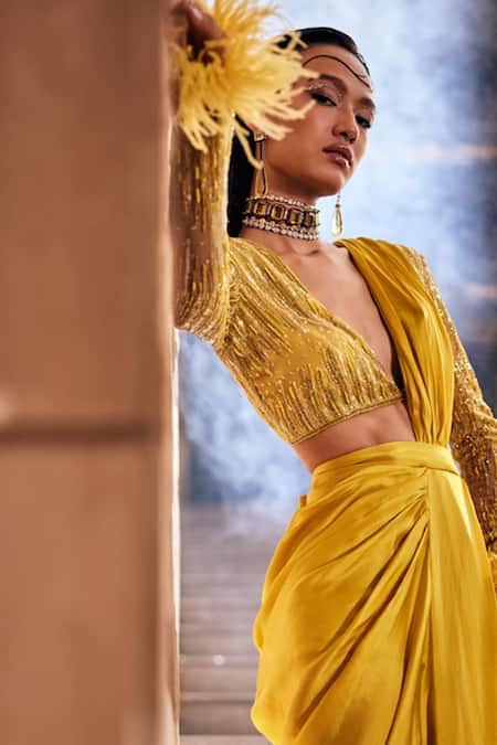 Garima Karwariya Designs_Yellow Net, Satin, Georgette Sequins, The Daisy Pre-draped Saree With Blouse _Online_at_Aza_Fashions