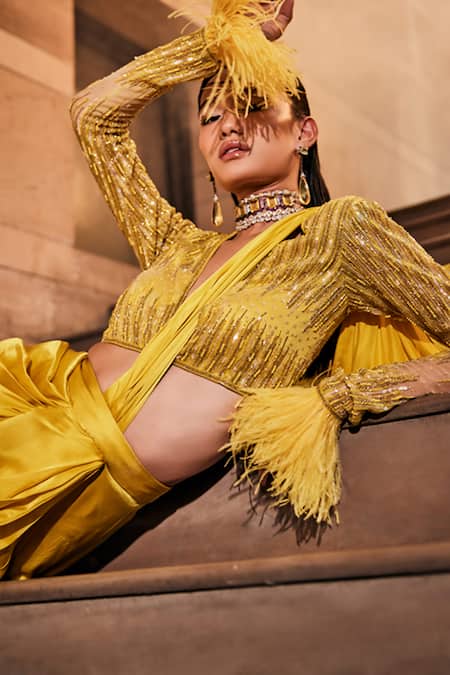 Buy_Garima Karwariya Designs_Yellow Net, Satin, Georgette Sequins, The Daisy Pre-draped Saree With Blouse _Online_at_Aza_Fashions