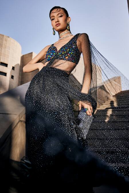 Garima Karwariya Designs_Black Net Stones, Feathers, Beads Plunge The Galaxy Pre-draped Saree With Blouse _Online_at_Aza_Fashions
