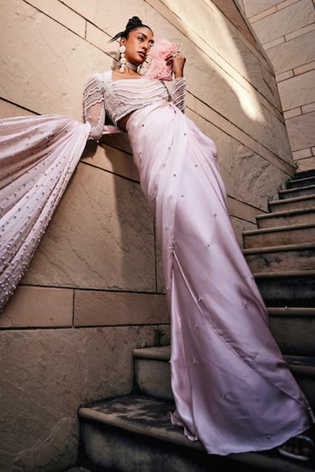 Garima Karwariya Designs Pink Blouse Net Hand Embroidered Pearl And Stone The Pre-draped Saree With 