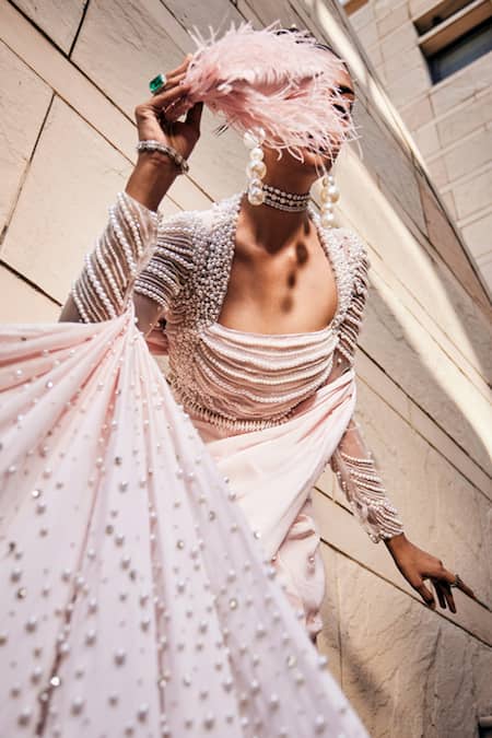 Garima Karwariya Designs Pink Satin, Net Pearls, Chains, Stones The Pre-draped Saree With Blouse Online at Aza Fashions Garima Karwariya Designs_Pink Satin, Net Pearls, Chains, Stones The Pre-draped Saree With Blouse _Online_at_Aza_Fashions