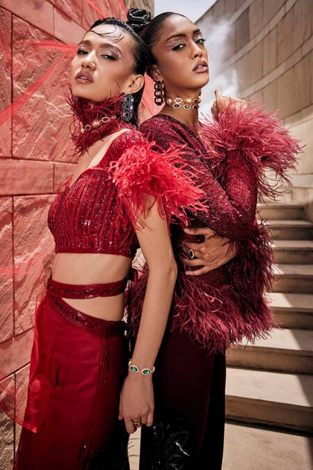Garima Karwariya Designs_Red Wool Sequins Plunge Neck The Spiffy Embroidered Jacket And Slit Pant Set _Online_at_Aza_Fashions