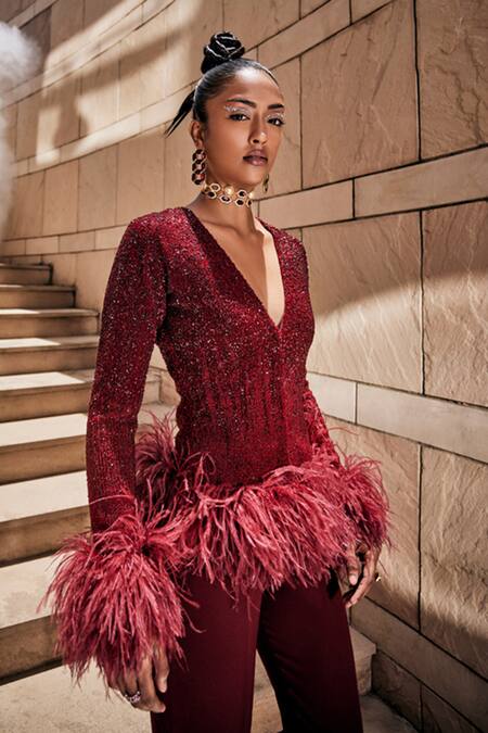 Buy_Garima Karwariya Designs_Red Wool Sequins Plunge Neck The Spiffy Embroidered Jacket And Slit Pant Set _Online_at_Aza_Fashions