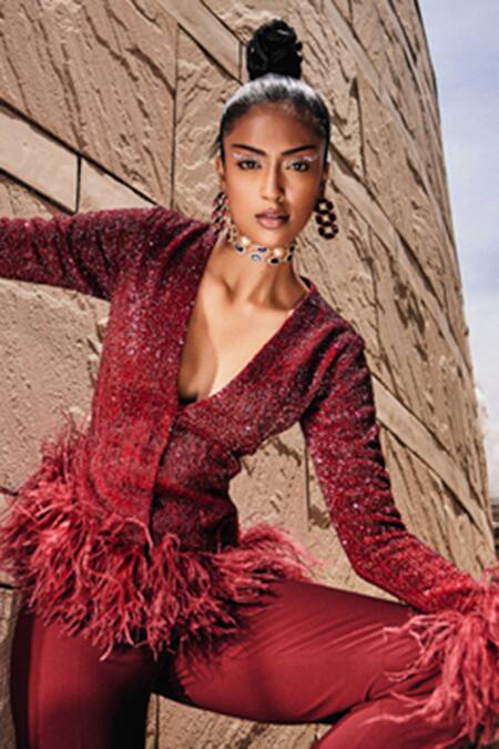 Shop_Garima Karwariya Designs_Red Wool Sequins Plunge Neck The Spiffy Embroidered Jacket And Slit Pant Set _Online_at_Aza_Fashions