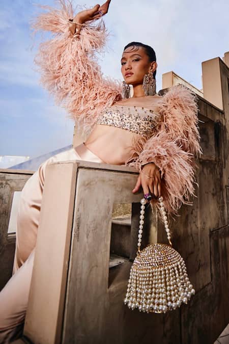 Garima Karwariya Designs The Snappy Ostrich Feather Sleeve Top & Pant Set 