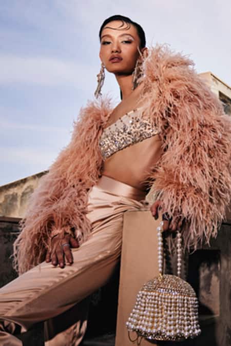 Garima Karwariya Designs_Pink Satin Embroidery Square The Snappy Ostrich Feather Sleeve Top And Pant Set _Online_at_Aza_Fashions