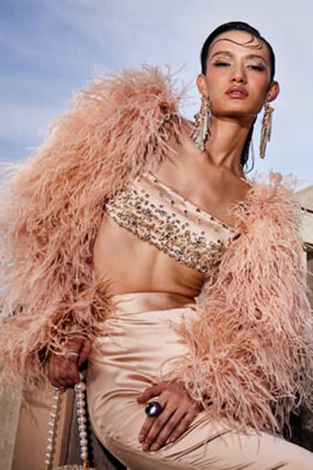 Buy_Garima Karwariya Designs_Pink Satin Embroidery Square The Snappy Ostrich Feather Sleeve Top And Pant Set _Online_at_Aza_Fashions