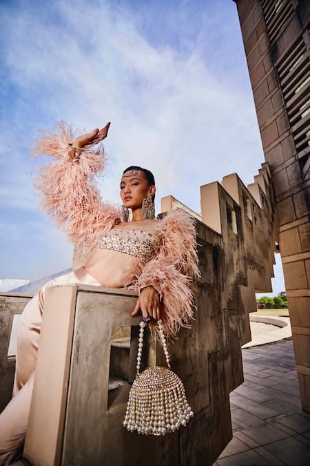 Garima Karwariya Designs_Pink Satin Embroidery Square The Snappy Ostrich Feather Sleeve Top And Pant Set _at_Aza_Fashions