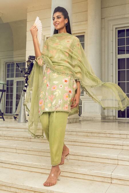 Dohr India_Green Viscose, Cotton, Velvet, Silk Lace, Nehal Botanical Print Short Kurta Set _Online_at_Aza_Fashions