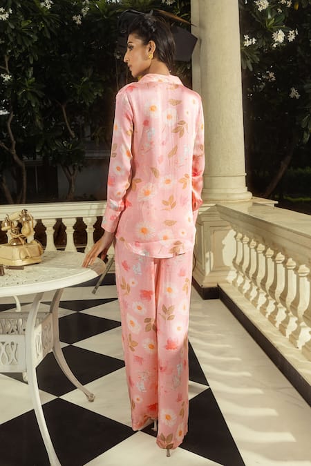 Shop Dohr India Pink Modal, Satin Embroidery Collared Penelope Printed Shirt And Pant Set at Aza Fashions Shop_Dohr India_Pink Modal, Satin Embroidery Collared Penelope Printed Shirt And Pant Set _at_Aza_Fashions
